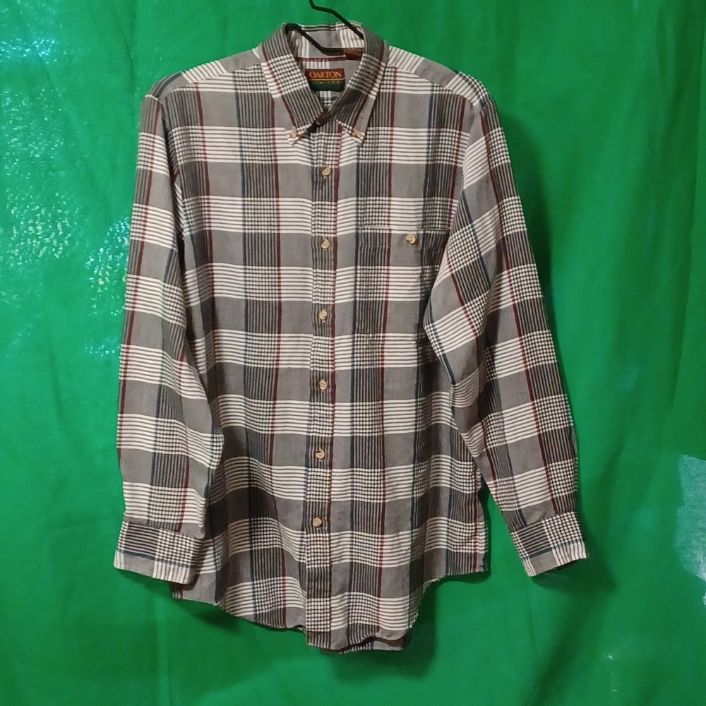 Oakton Limited Mens Plaid Button‎ Down Shirt Grey Red Blue Long Sleeve Size M